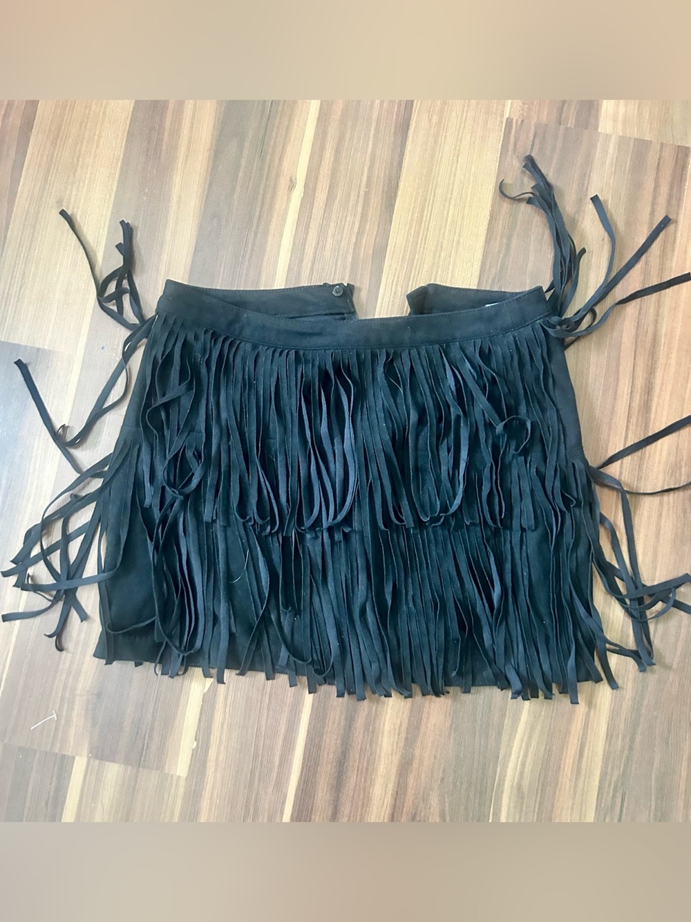 Divided Black Fringe Mini Skirt with Side Ties